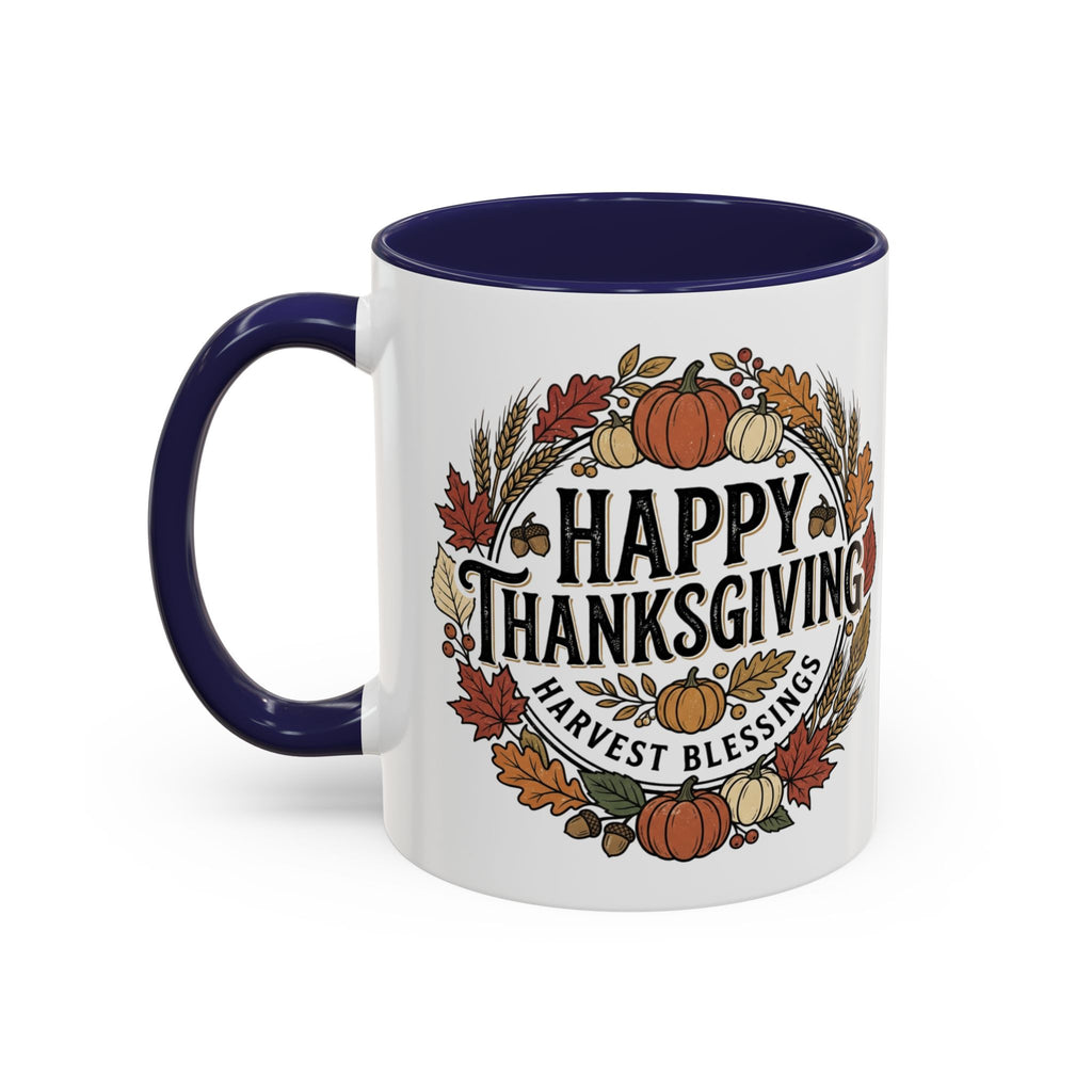 Happy Thanksgiving Accent Coffee Mug — "Harvest Blessings" Fall Pumpkin Wreath (11/15 oz)