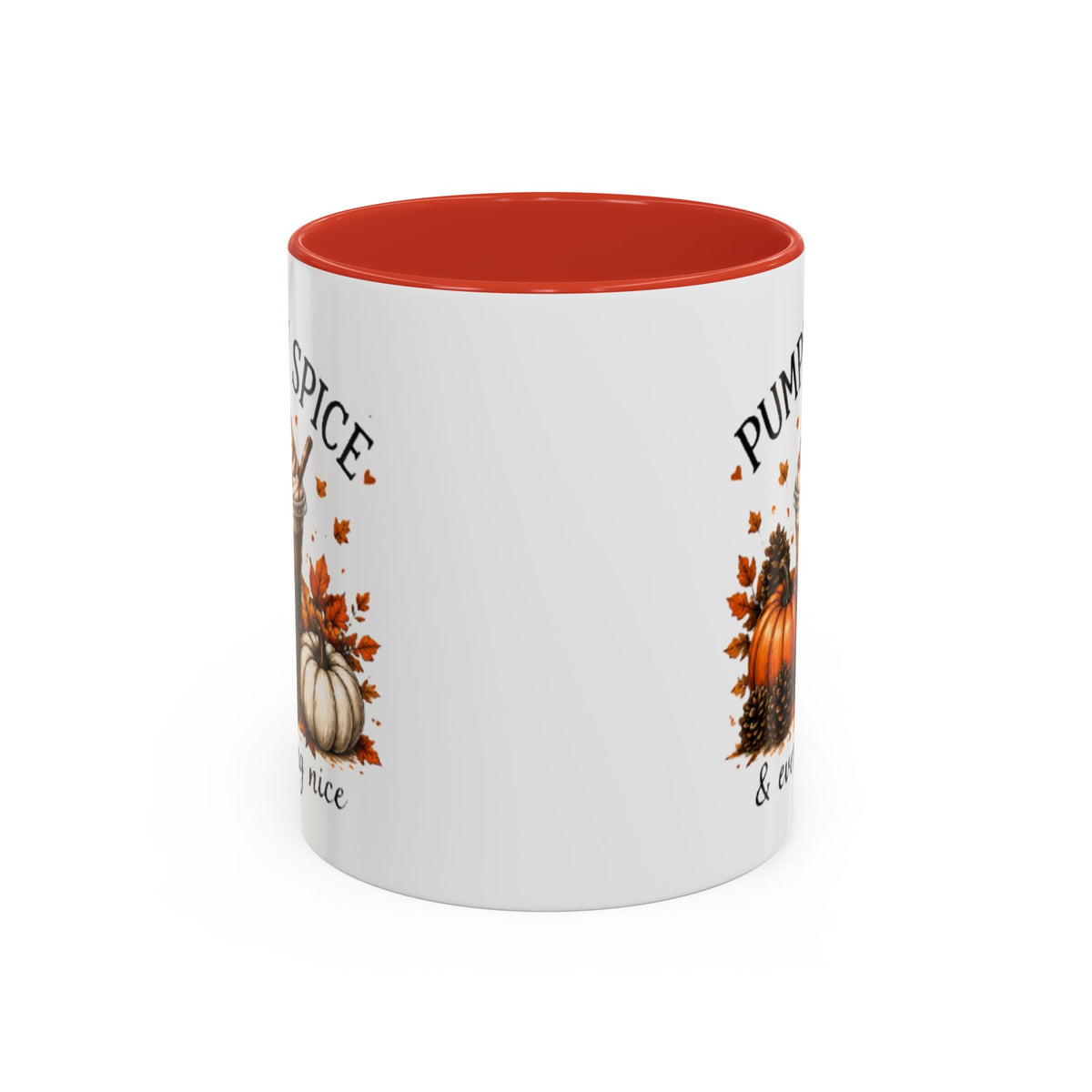 White pumpkin spice coffee mug with red interior and fall pumpkin graphic with lettering