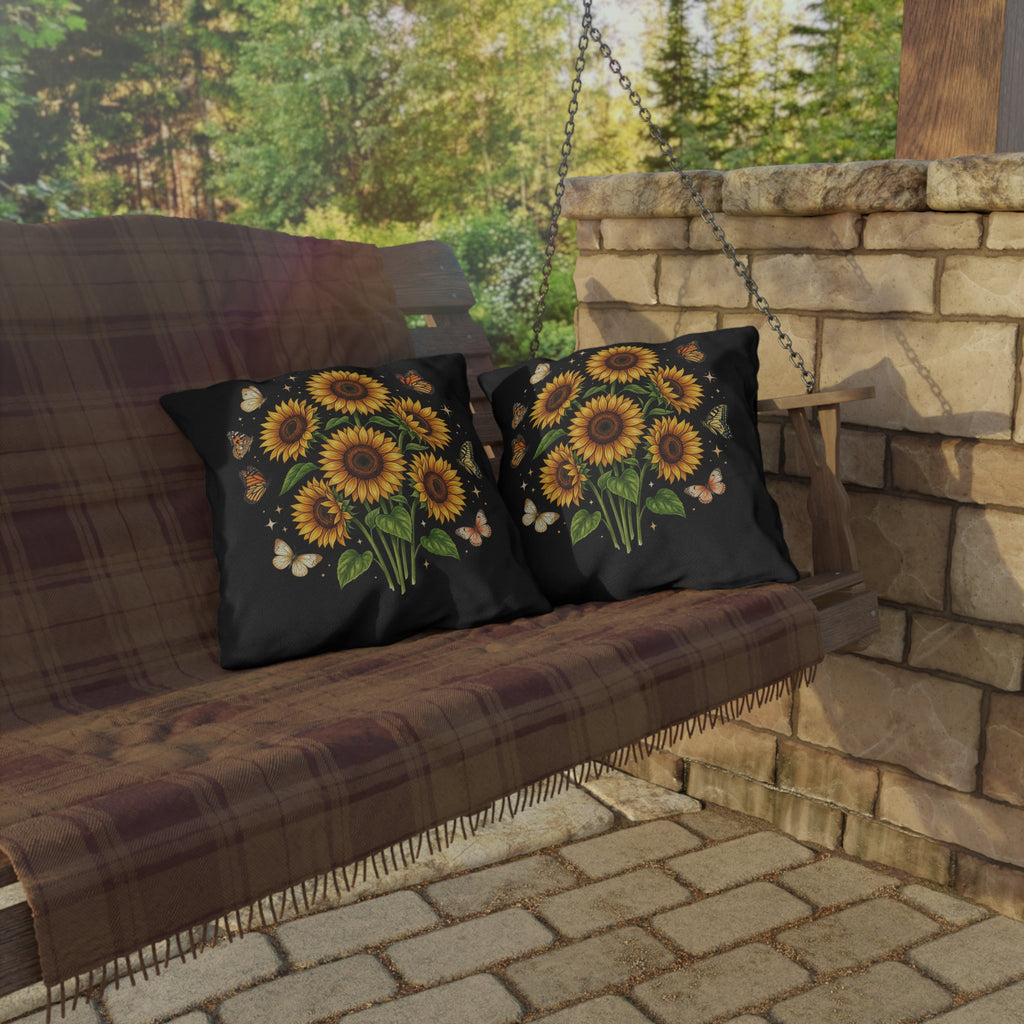Sunflower & Butterfly Outdoor Pillow — Floral Garden Accent Cushion for Patio