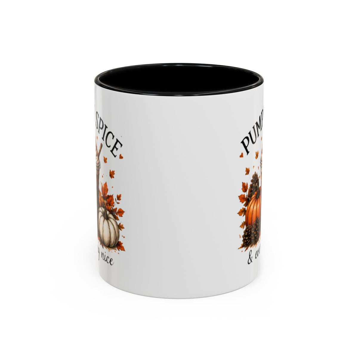 White coffee mug with black interior and autumn pumpkin-spice print