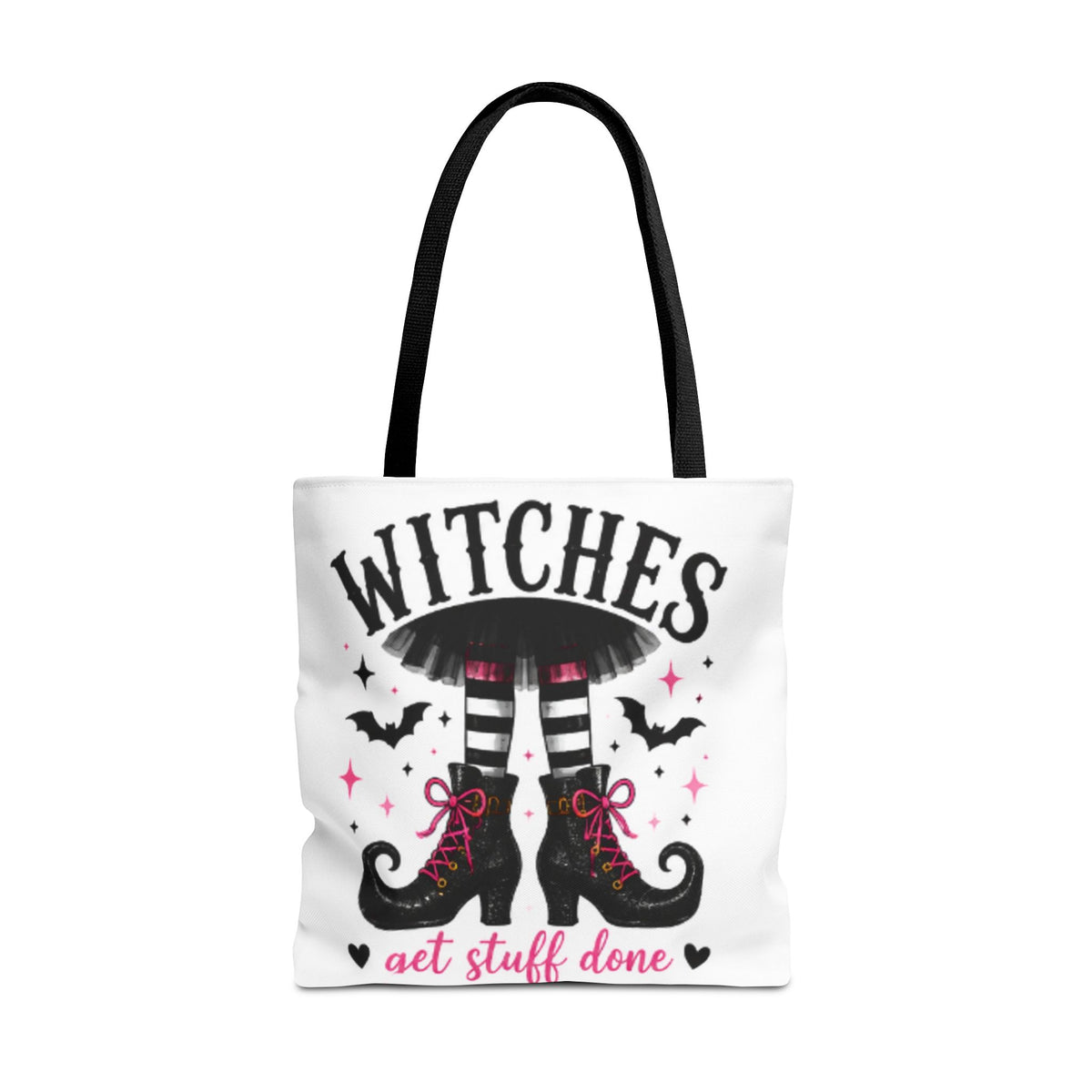 White tote bag with black handles, witches graphic and "get stuff done" lettering