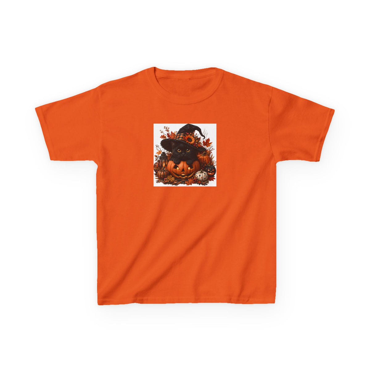 Kids Tee — Halloween Black Cat with Witch Hat & Pumpkins