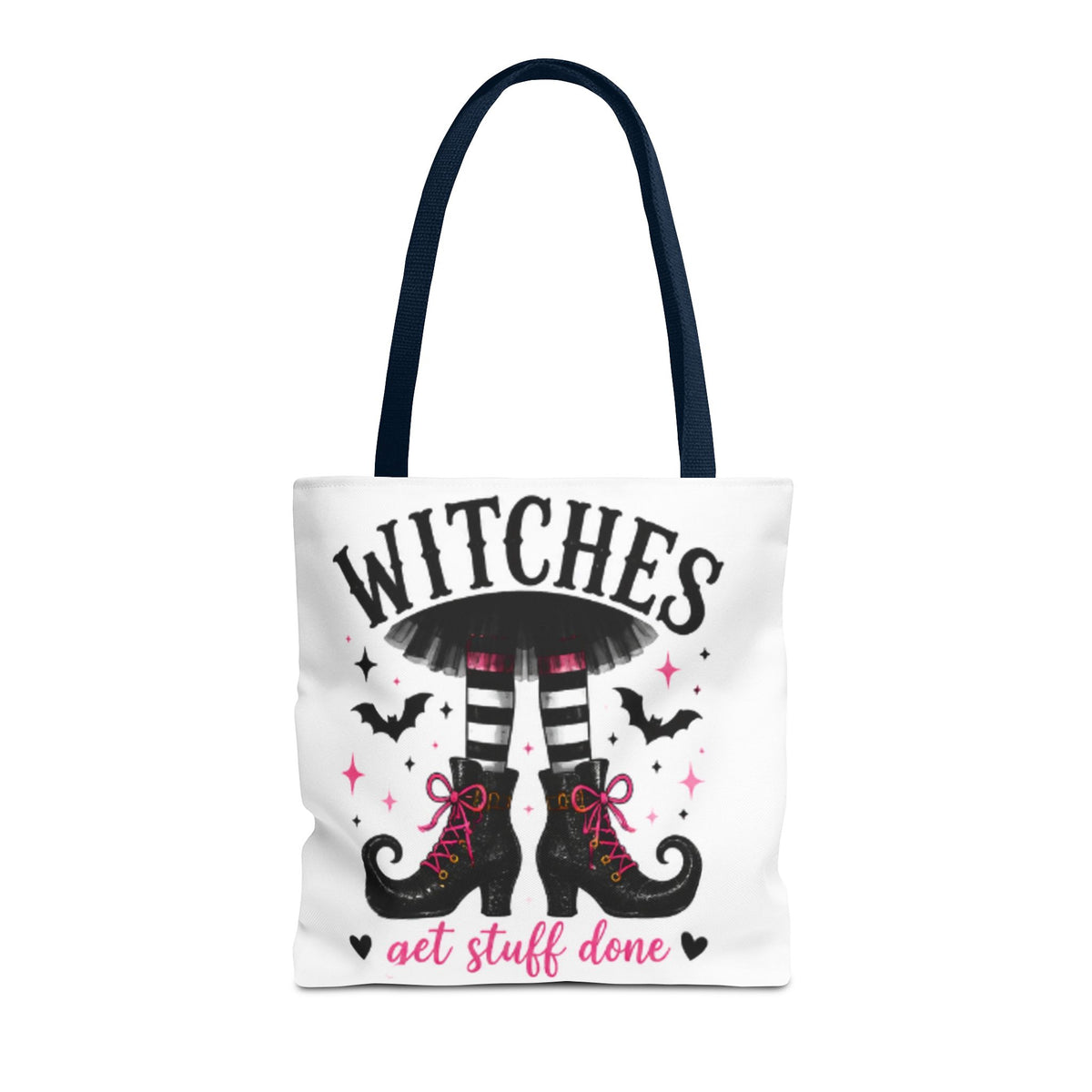 White tote bag with navy handles, WITCHES headline and witch boots with hearts text.
