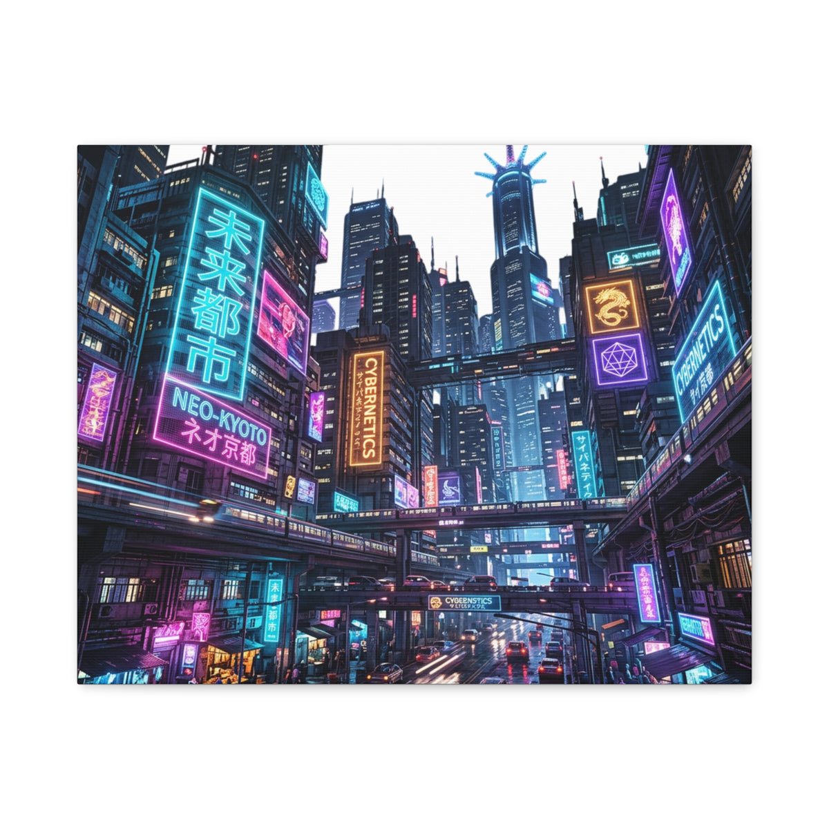 Neo-Kyoto Cyberpunk City Matte Canvas Print
