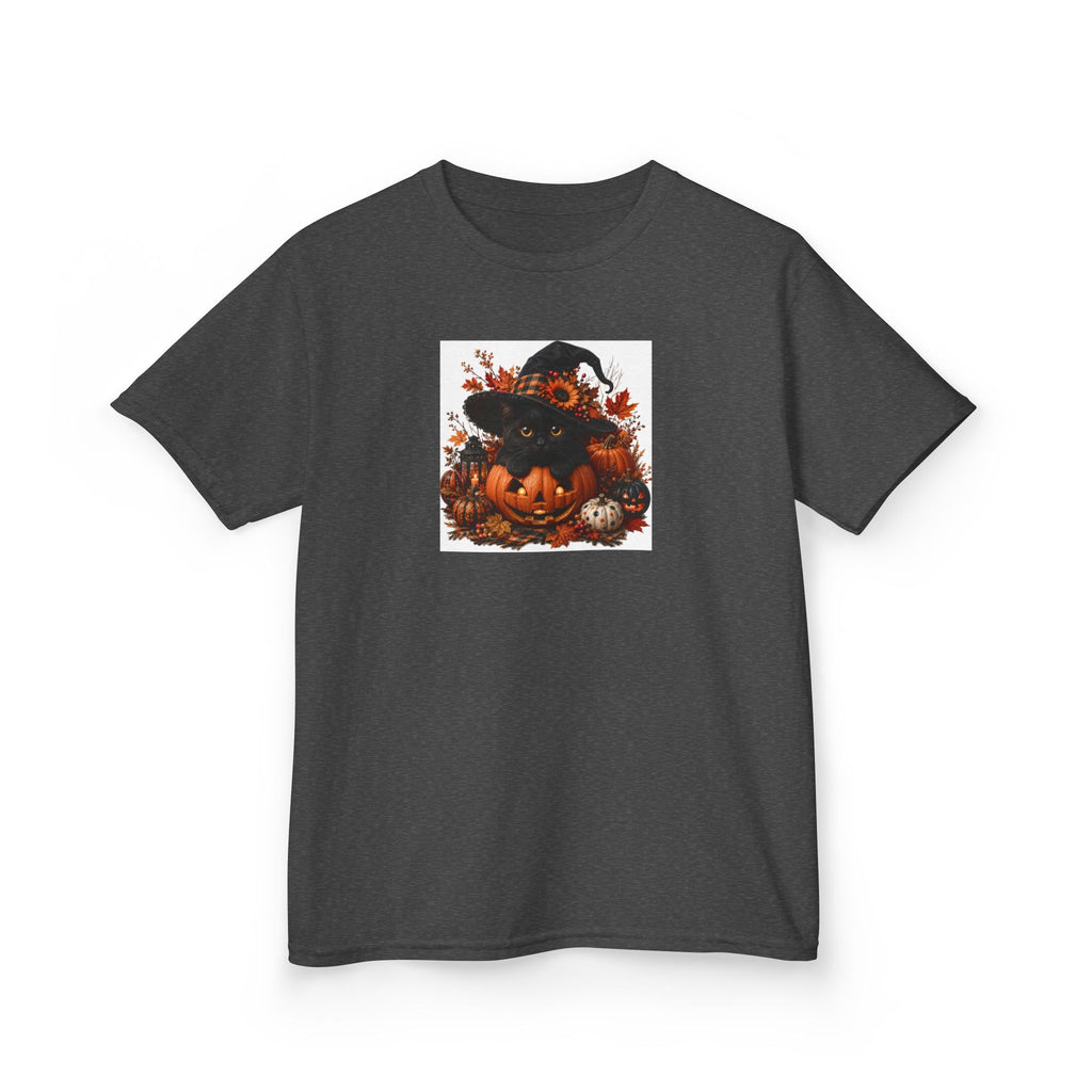 Kids Tee — Halloween Black Cat with Witch Hat & Pumpkins