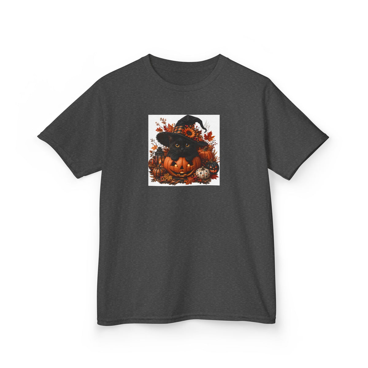 Kids Tee — Halloween Black Cat with Witch Hat & Pumpkins