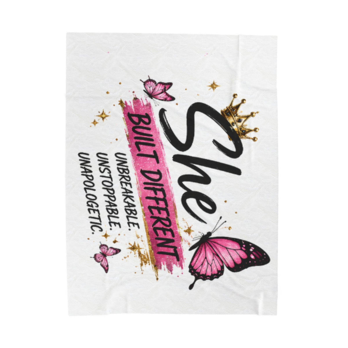 White plush blanket with pink butterfly and "Built Different" text, black and gold accents