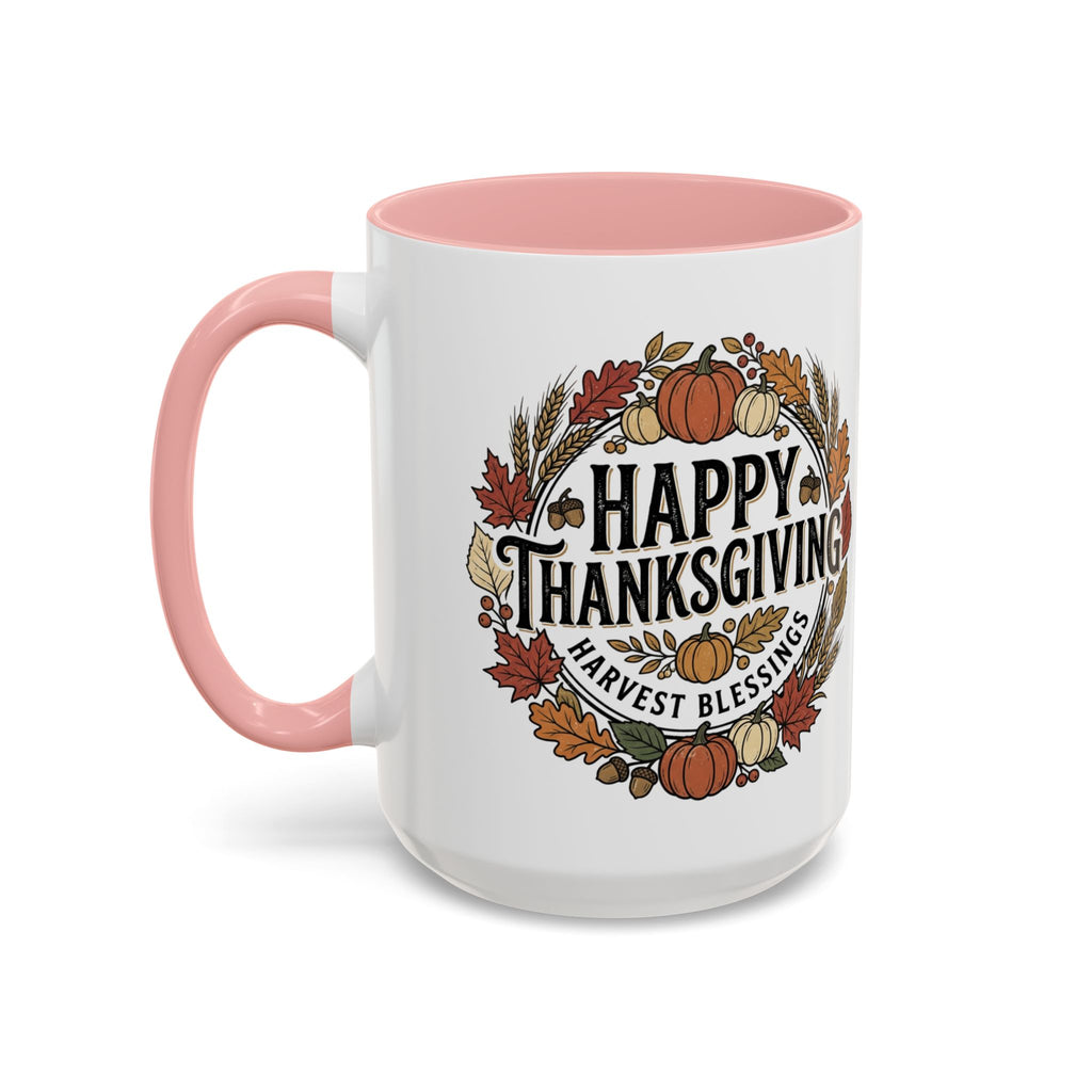 Happy Thanksgiving Accent Coffee Mug — "Harvest Blessings" Fall Pumpkin Wreath (11/15 oz)