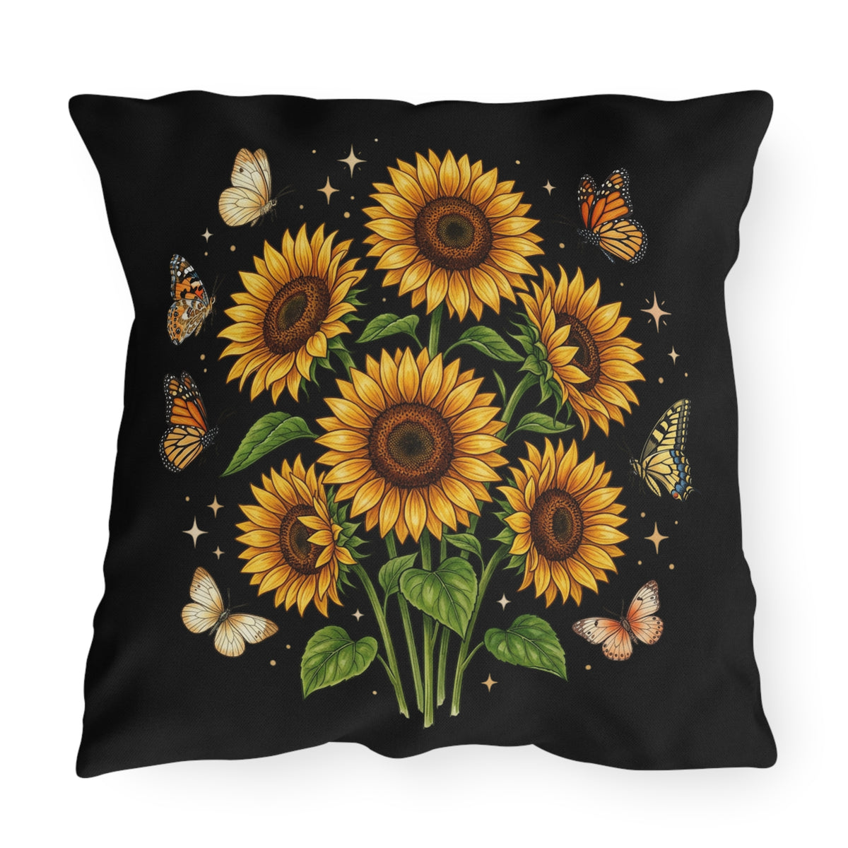 Sunflower & Butterfly Outdoor Pillow — Floral Garden Accent Cushion for Patio
