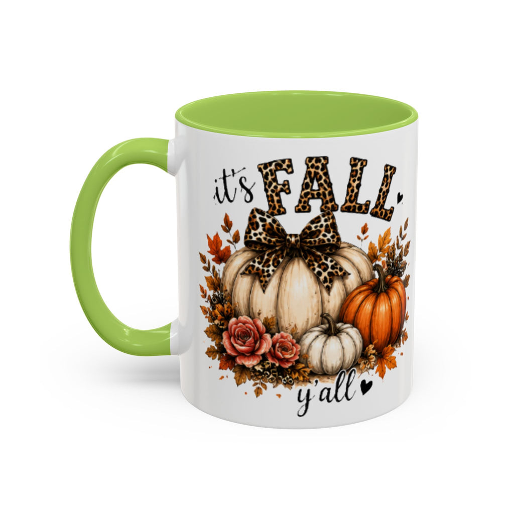 Lime green accent coffee mug with fall pumpkin and “it’s FALL y’all” graphic