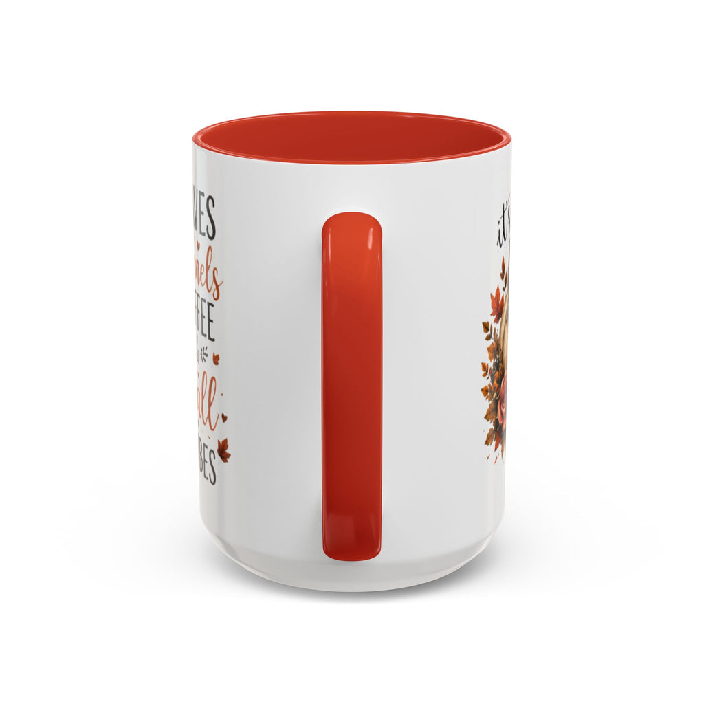 Autumn coffee mug with orange handle, white body, fall print and orange vertical accent