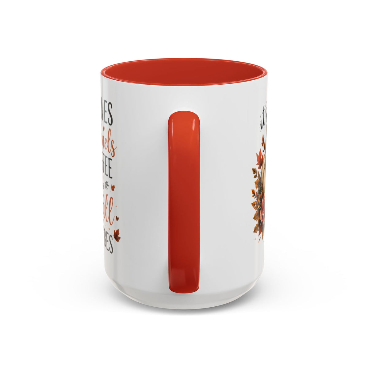 Autumn coffee mug with orange handle, white body, fall print and orange vertical accent