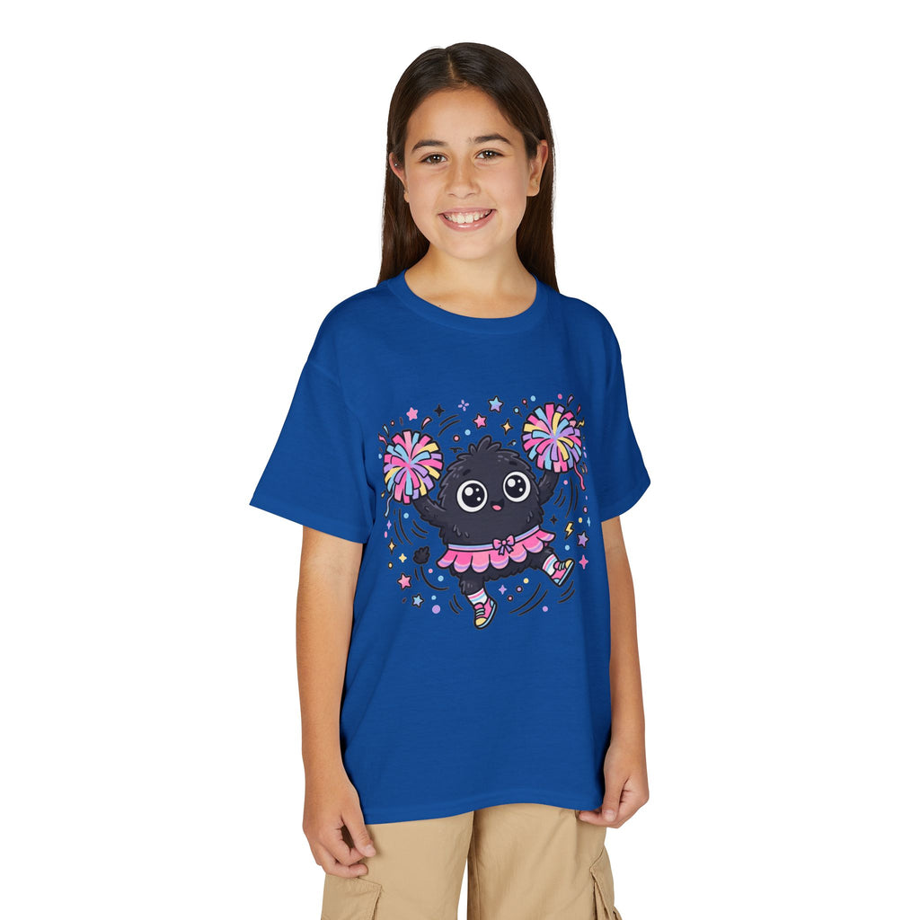 Cute Black Kitty Cheerleader Youth T-Shirt — Pom-Pom Dancing Cat Tee