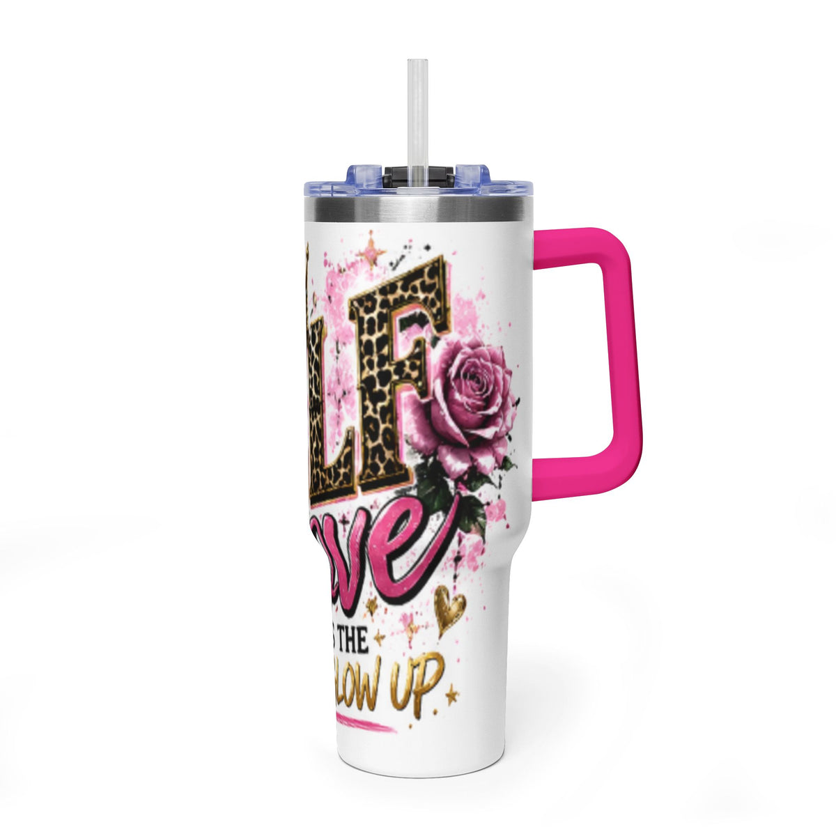 40oz Tumbler - "Self Love is the Real Glow" Leopard Crown Floral Insulated Cup