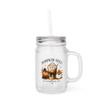 Frosted mason jar tumbler with straw, handle, and pumpkin spice autumn graphic