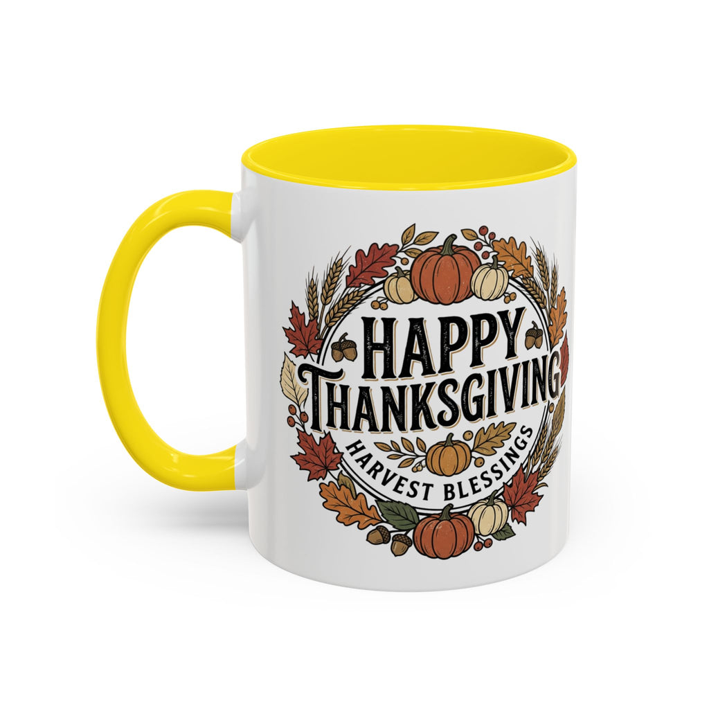 Happy Thanksgiving Accent Coffee Mug — "Harvest Blessings" Fall Pumpkin Wreath (11/15 oz)