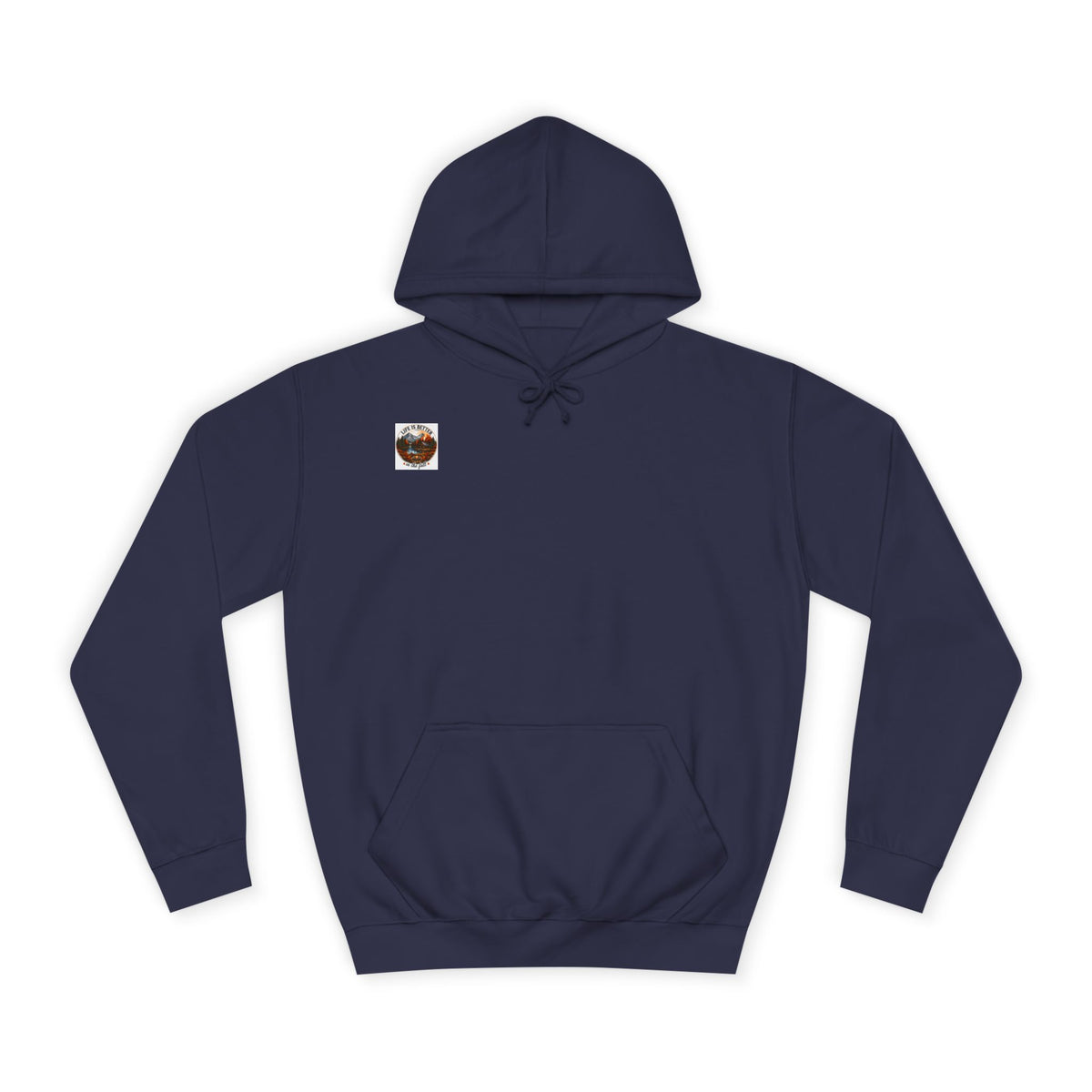 Oxford navy pullover hoodie with hood, drawstrings, kangaroo pocket, and small back logo