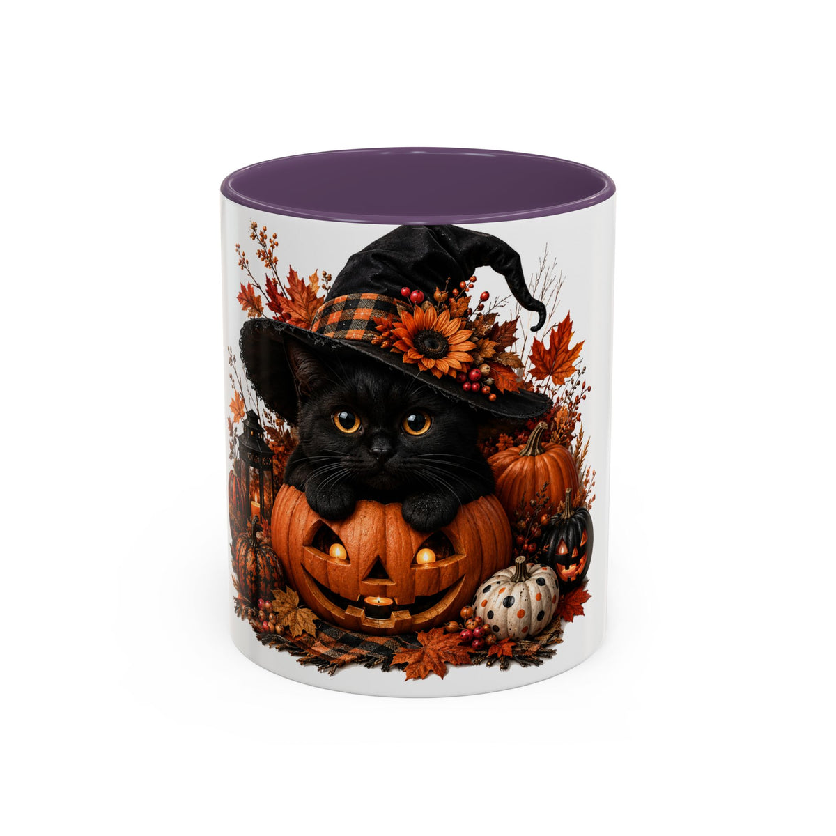 Halloween Black Cat Pumpkin Coffee Mug – Autumn Witch Hat Accent Mug (11/15oz)