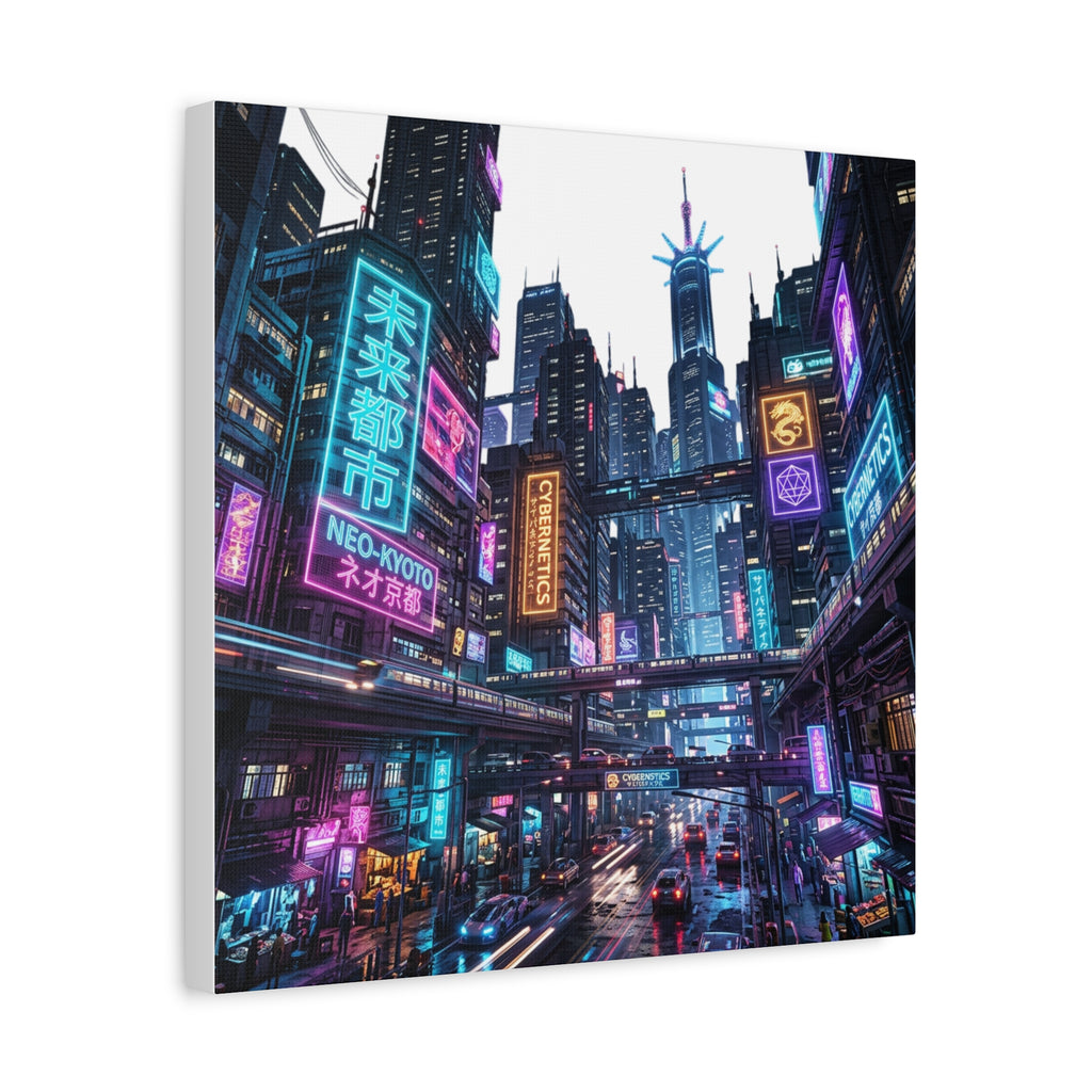 Neo-Kyoto Cyberpunk City Matte Canvas Print