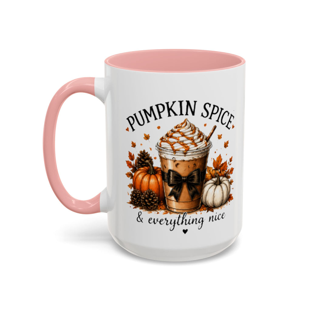 White coffee mug with pink handle and rim; Pumpkin Spice drink and fall-themed graphic