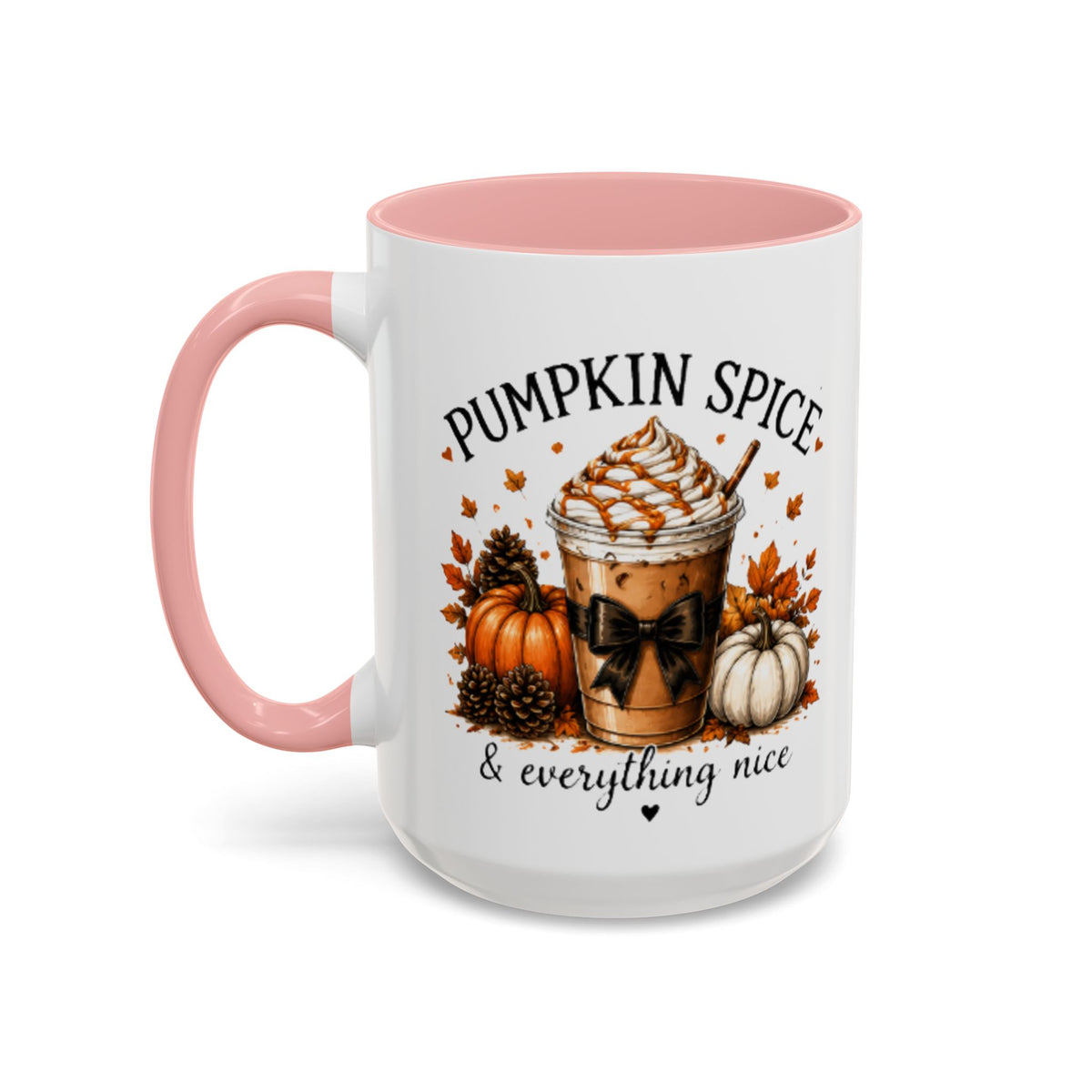 White coffee mug with pink handle and rim; Pumpkin Spice drink and fall-themed graphic