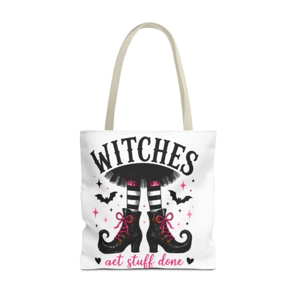 White tote bag with navy handles, WITCHES graphic with witch boots and "get stuff done".