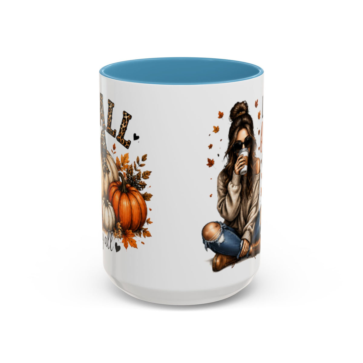 White mug with light blue interior, autumn pumpkin and woman drinking coffee graphic
