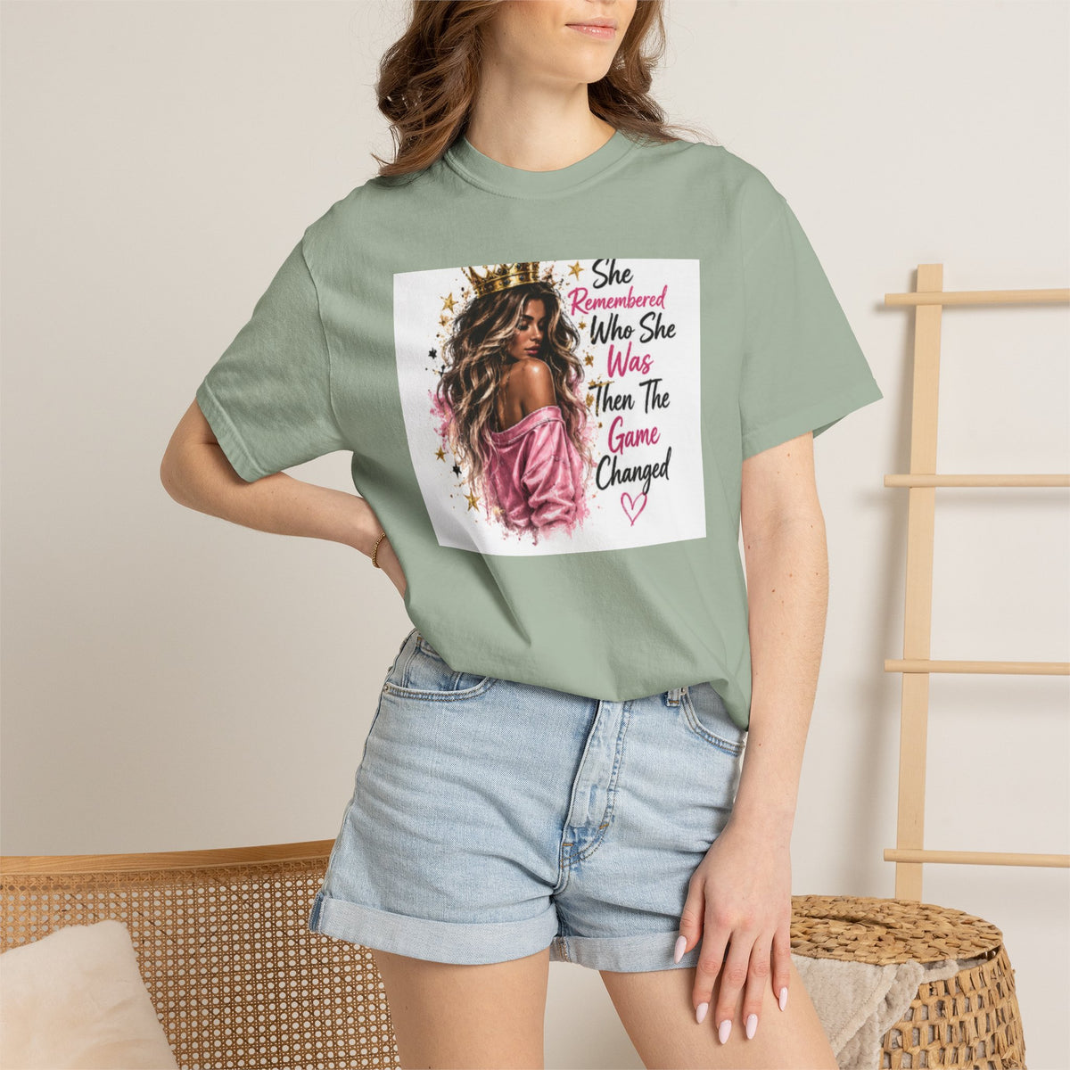 T-Shirt — 'She Remembered Who She Was' Empowerment Tee (Woman Portrait, Inspirational Quote)