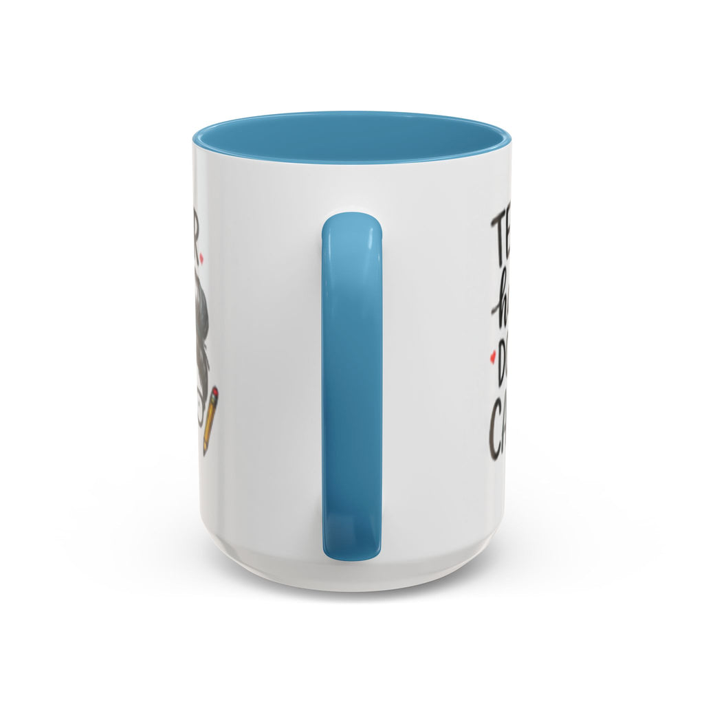 Coffee mug with white body and light-blue rim; tall light-blue vertical accent letter I