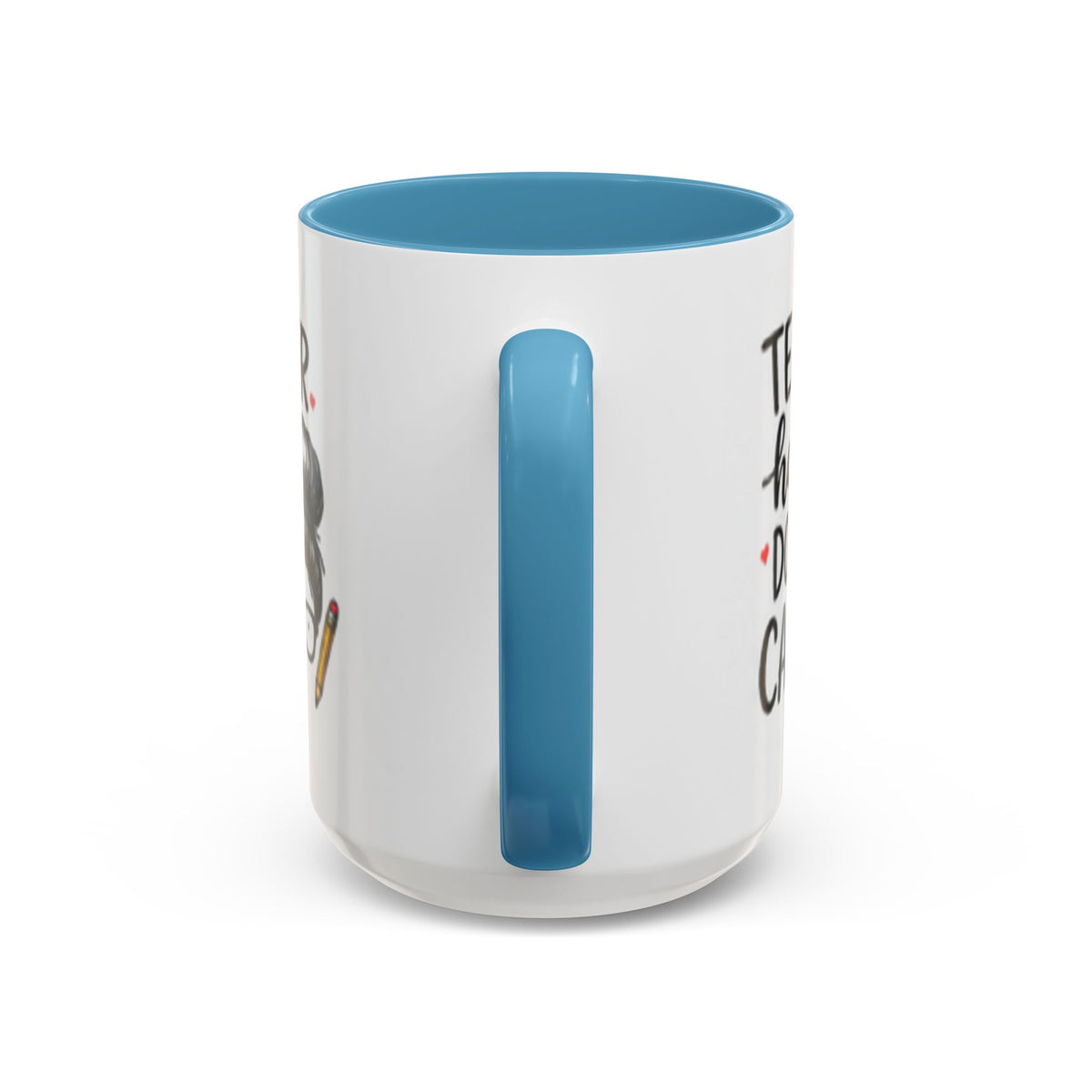 Coffee mug with white body and light-blue rim; tall light-blue vertical accent letter I