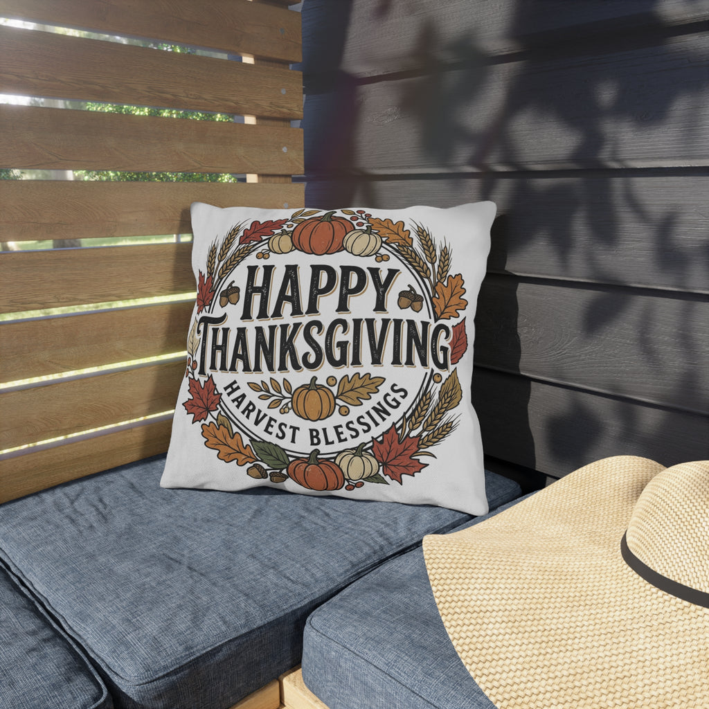 Happy Thanksgiving Harvest Blessings Outdoor Pillow — Fall Pumpkin & Leaf Decorative Throw