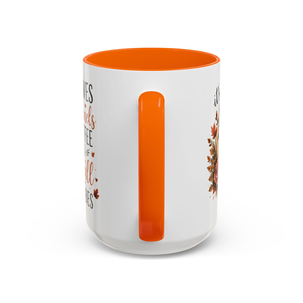 White coffee mug with orange interior and handle, side view with vertical accent detail