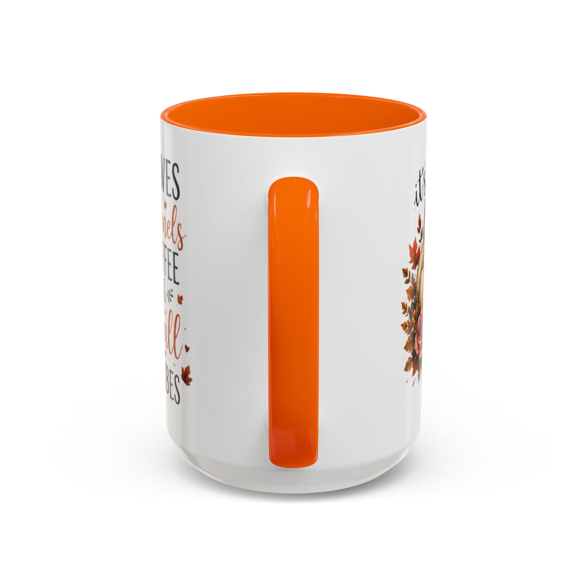 White coffee mug with orange interior and handle, side view with vertical accent detail