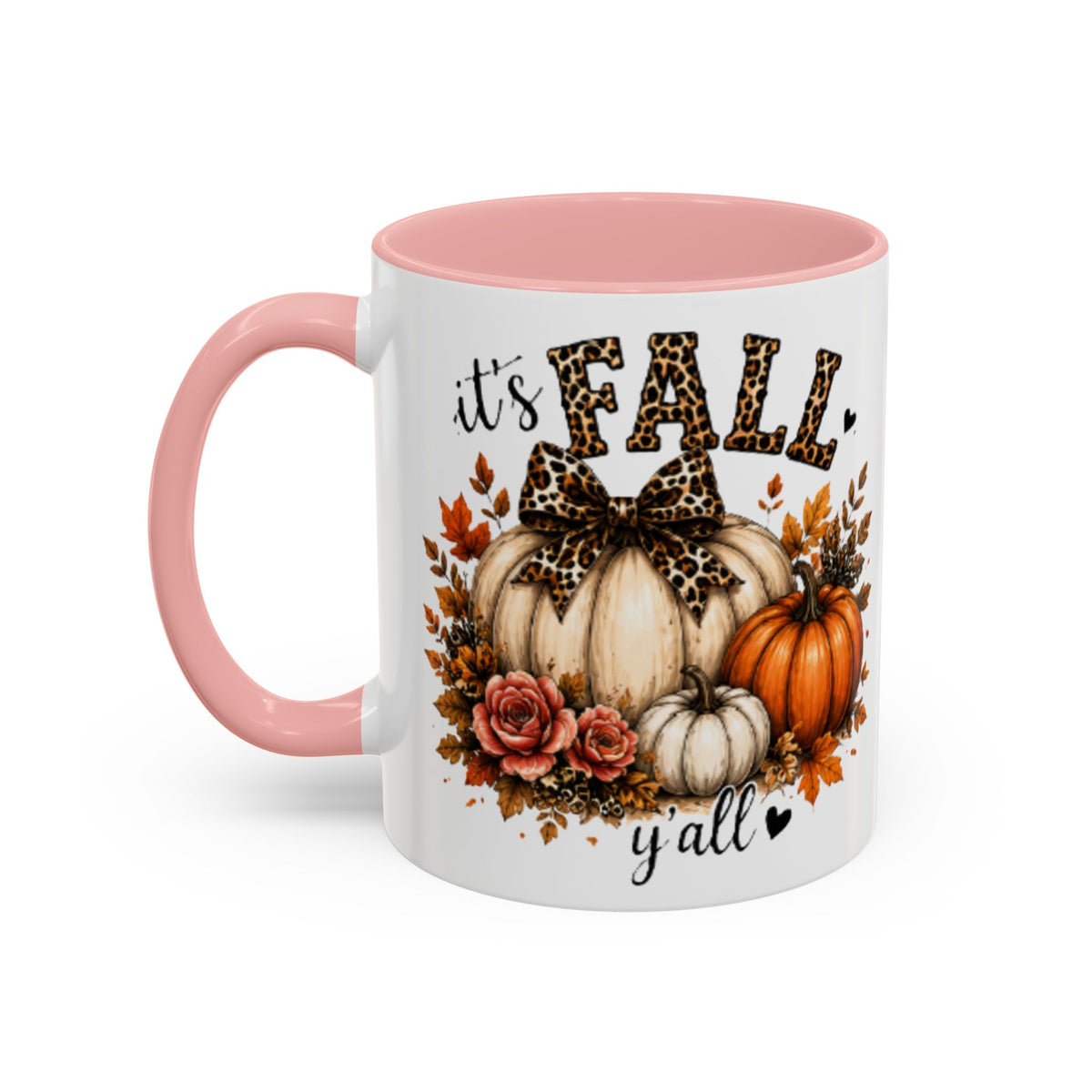 Pink-accent coffee mug with fall pumpkins and floral wreath graphic, glossy finish