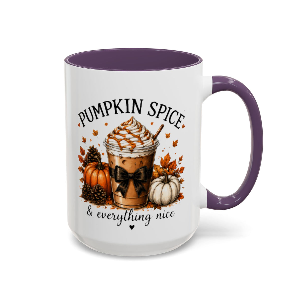 Purple accent coffee mug front view with pumpkin spice latte graphic and autumn decor