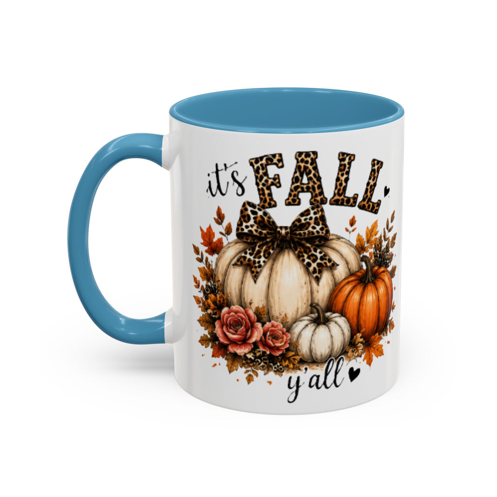 Autumn coffee mug with light blue handle, white body, “It’s FALL y’all” with pumpkins and flowers