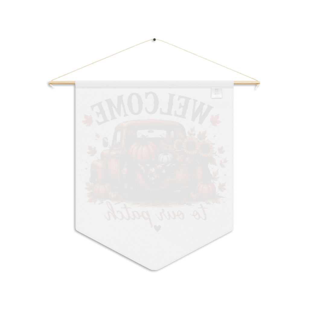 White fall pennant banner with faint truck and pumpkins graphic, "to our patch" text