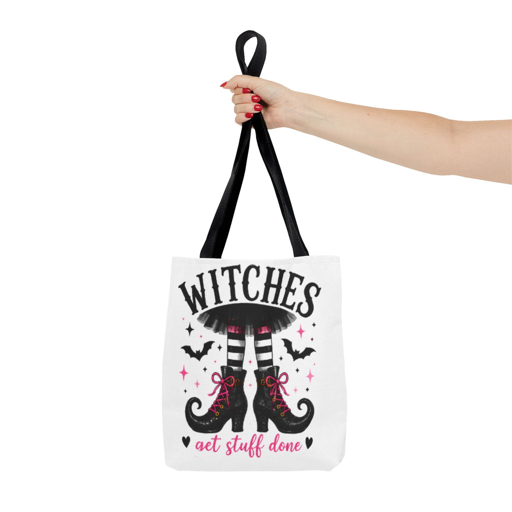 White tote bag with black handles, WITCHES graphic and "get stuff done" text at bottom.