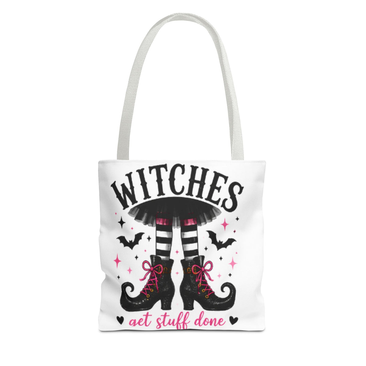 White tote bag with light gray handles, witches graphic and "get stuff done" lettering