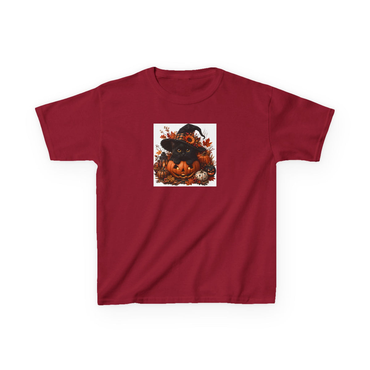 Kids Tee — Halloween Black Cat with Witch Hat & Pumpkins