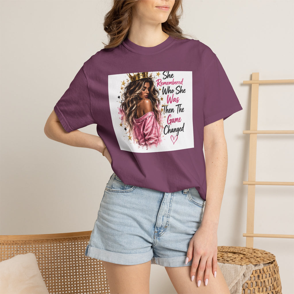 T-Shirt — 'She Remembered Who She Was' Empowerment Tee (Woman Portrait, Inspirational Quote)