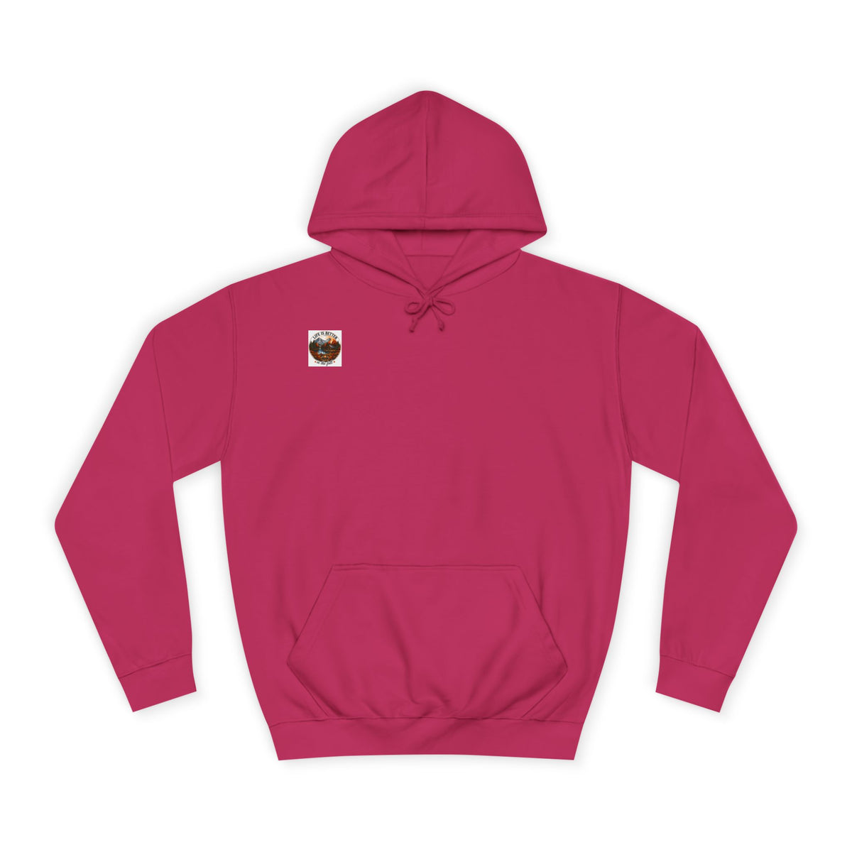 Hot pink pullover hoodie with hood, drawstrings, and kangaroo pocket; small chest patch.