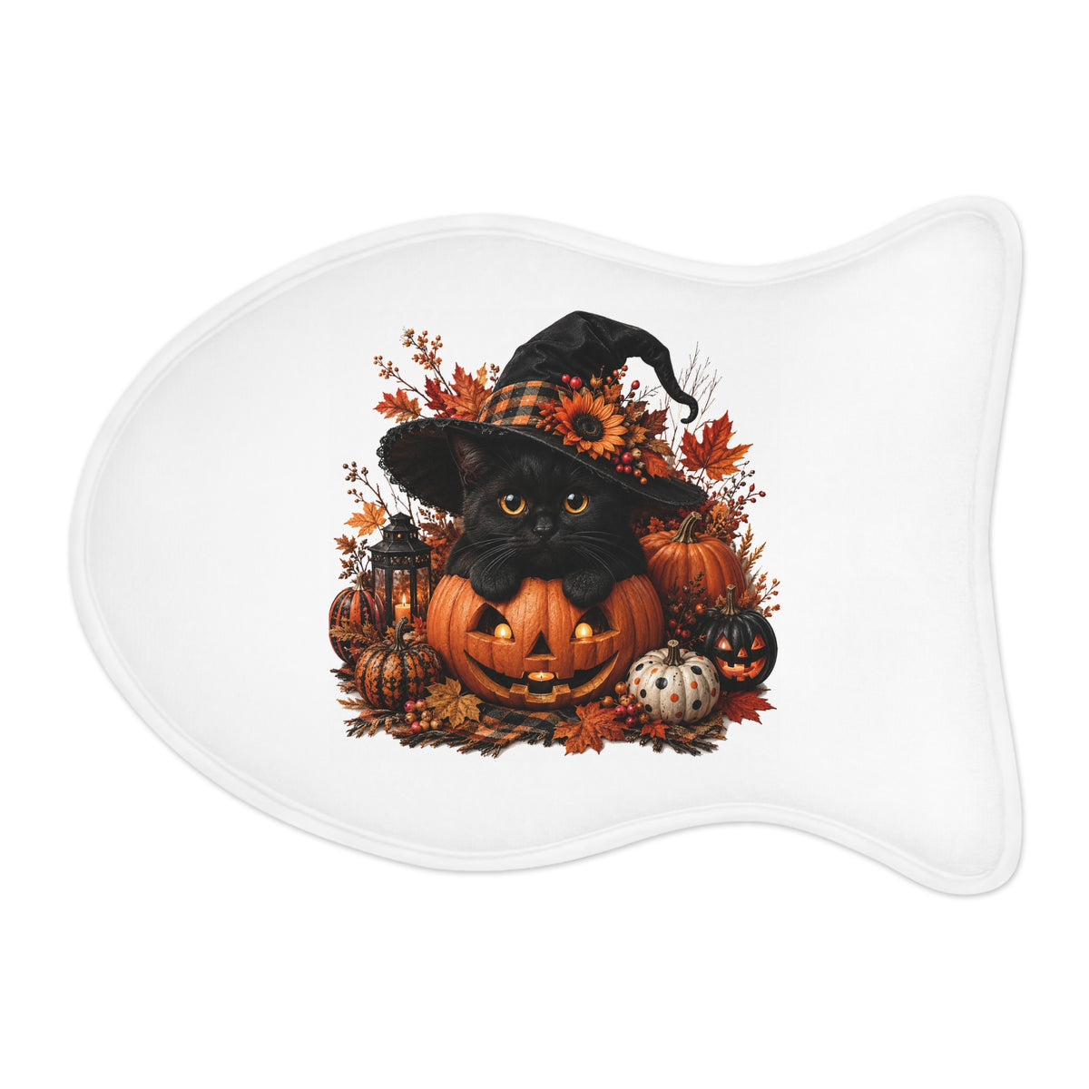 Halloween Cat Pet Feeding Mat – Black Kitten in Witch Hat Pumpkin Design