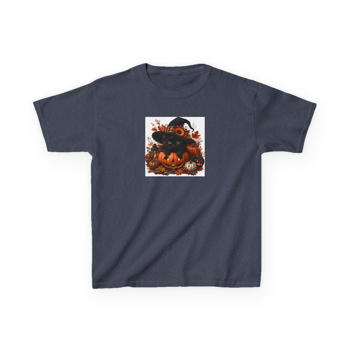 Kids Tee — Halloween Black Cat with Witch Hat & Pumpkins