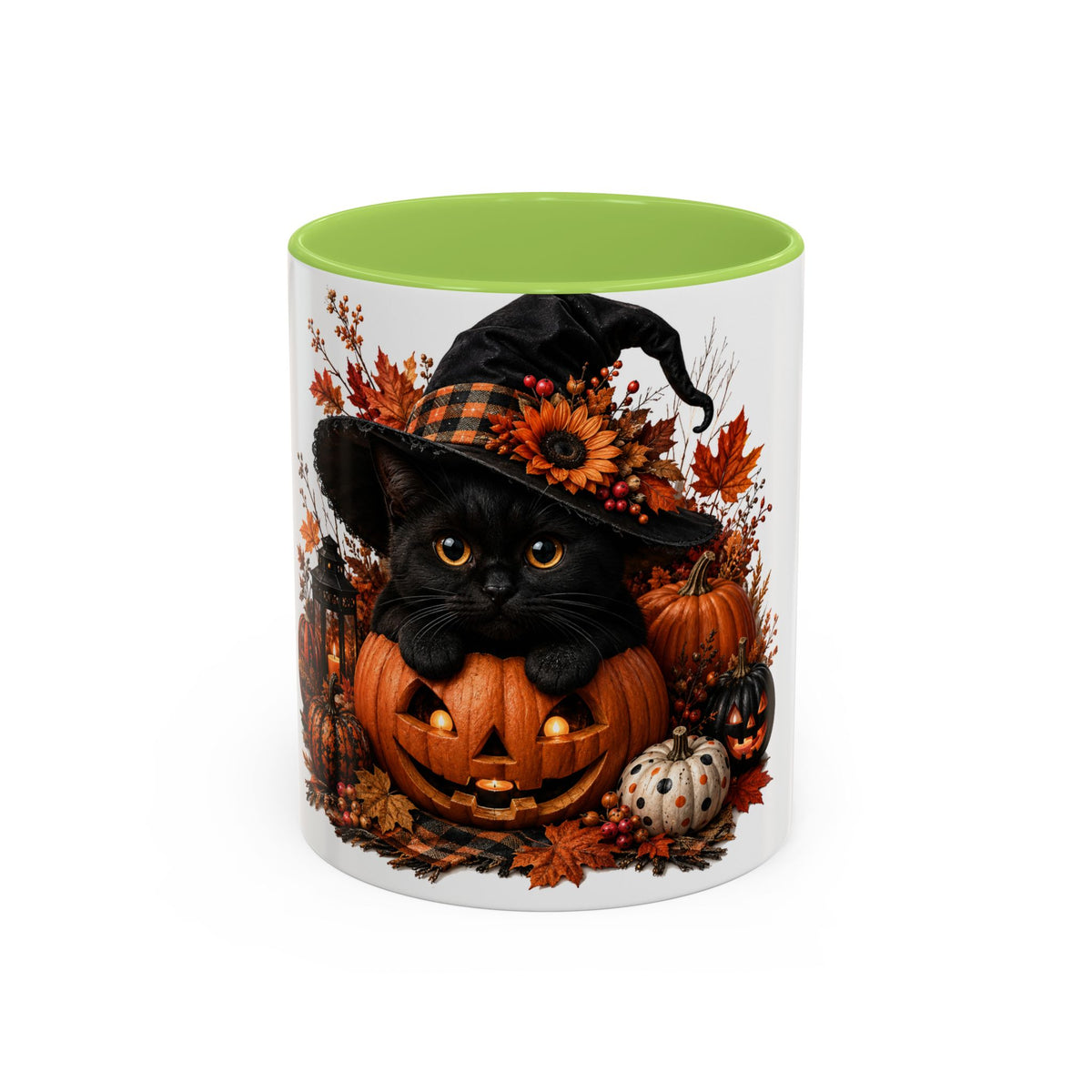 Halloween Black Cat Pumpkin Coffee Mug – Autumn Witch Hat Accent Mug (11/15oz)