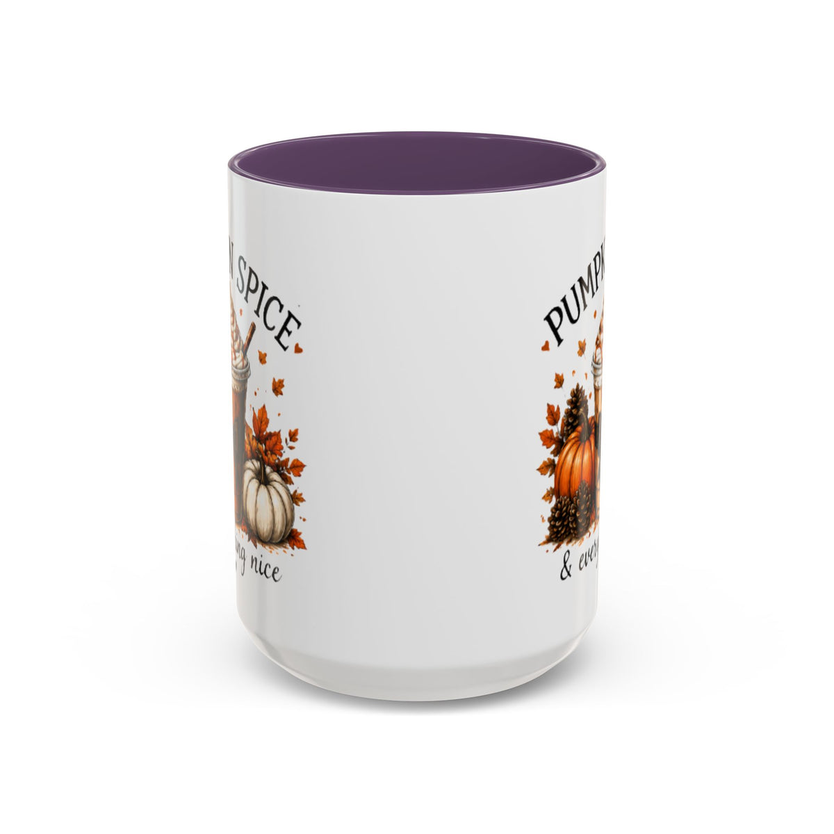 White coffee mug with purple interior and autumn pumpkin-spice front print
