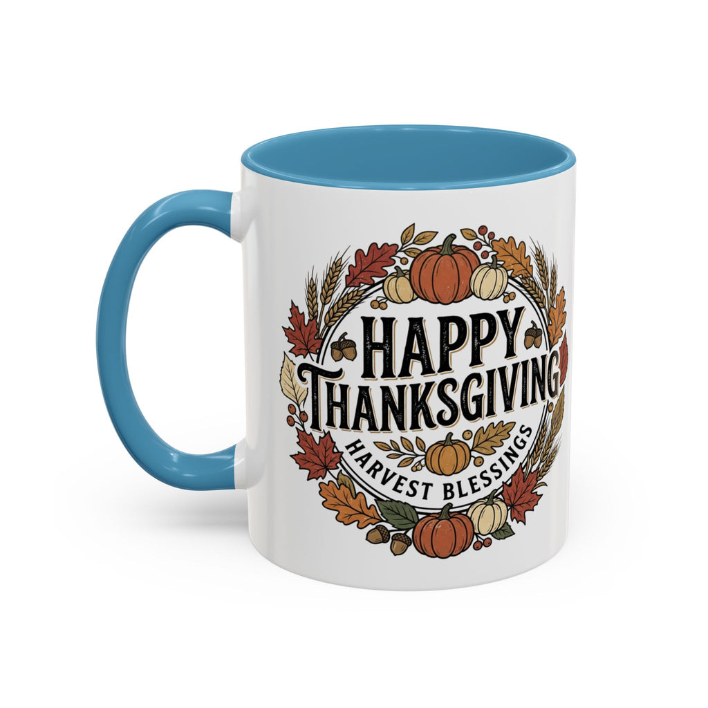Happy Thanksgiving Accent Coffee Mug — "Harvest Blessings" Fall Pumpkin Wreath (11/15 oz)