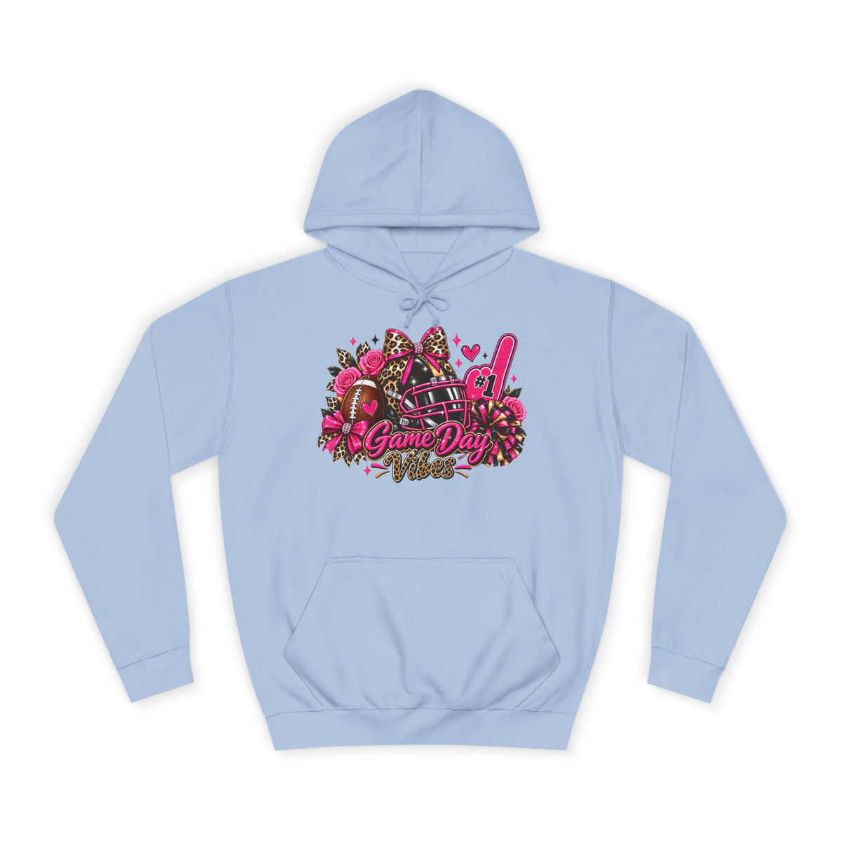 Game Day Cheer Hoodie — Pink Football Floral Design by Printify, light blue hoodie with a vibrant pink floral football and cheer graphic on the front