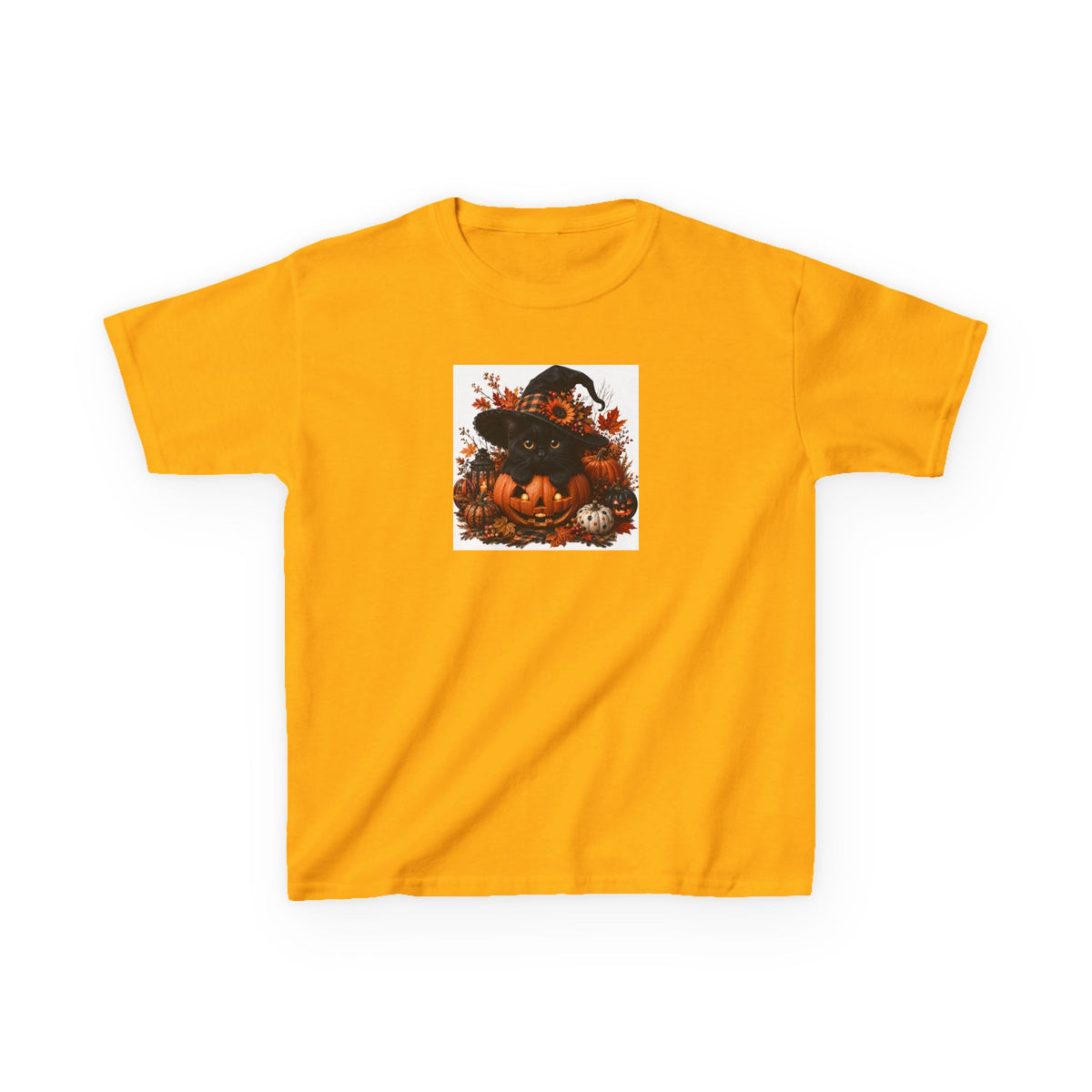 Kids Tee — Halloween Black Cat with Witch Hat & Pumpkins