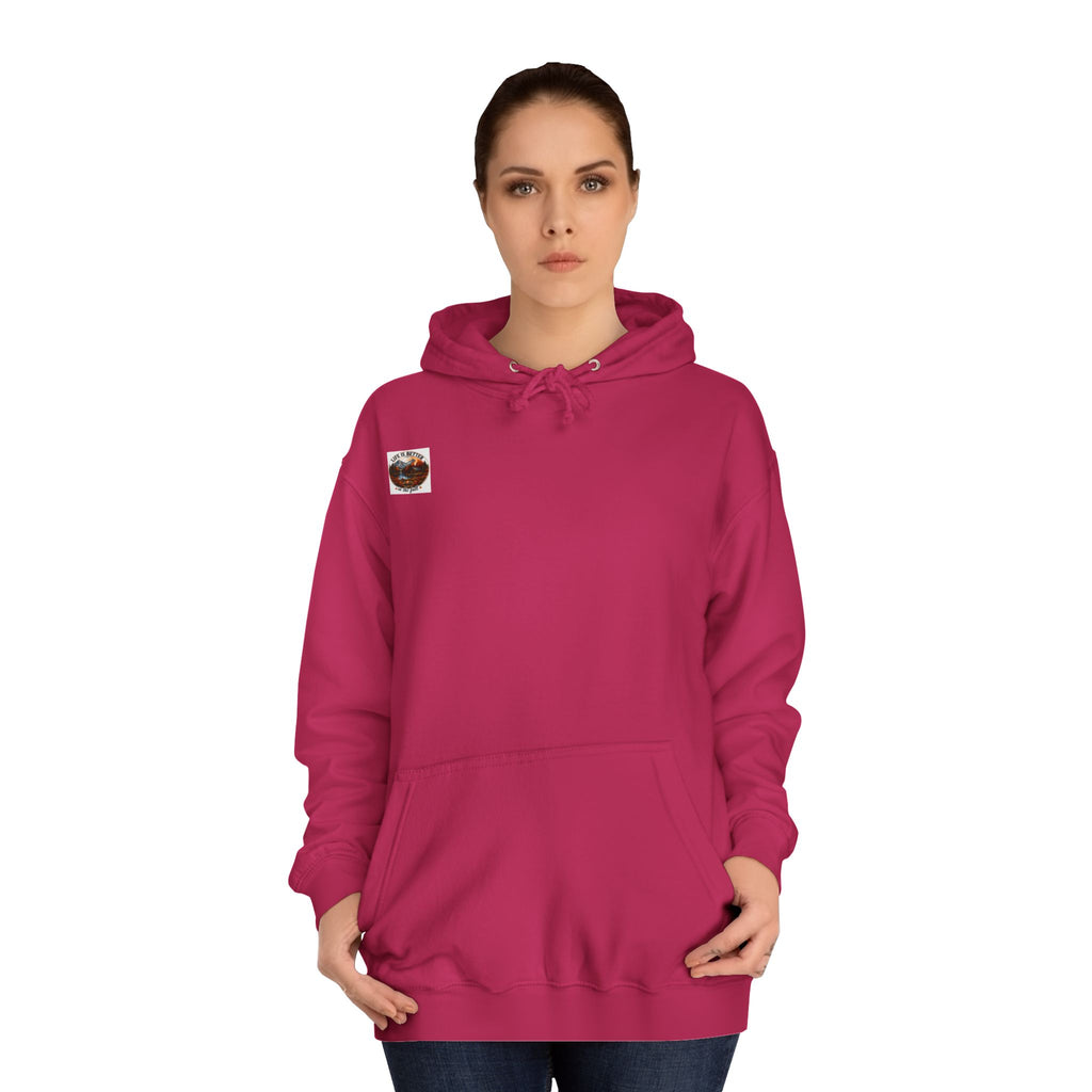 Burgundy pullover hoodie with drawstring hood and front pouch pocket, small chest patch